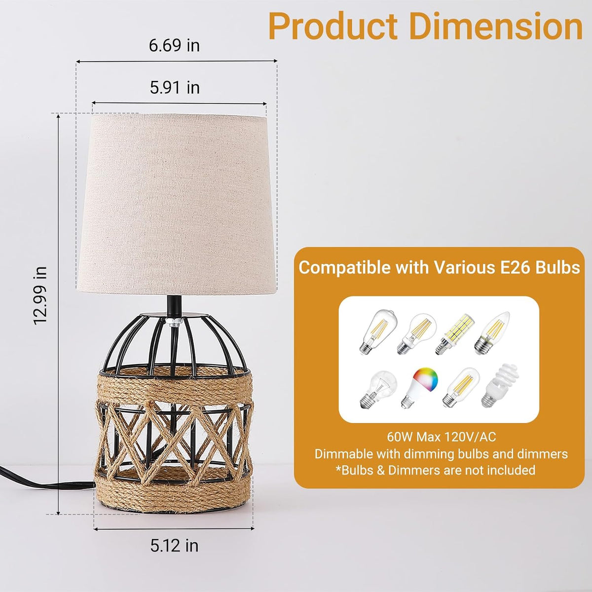 2 Pack Boho Rattan Table Lamps for Bedroom,Small Bedside Nightstand Lamp with...