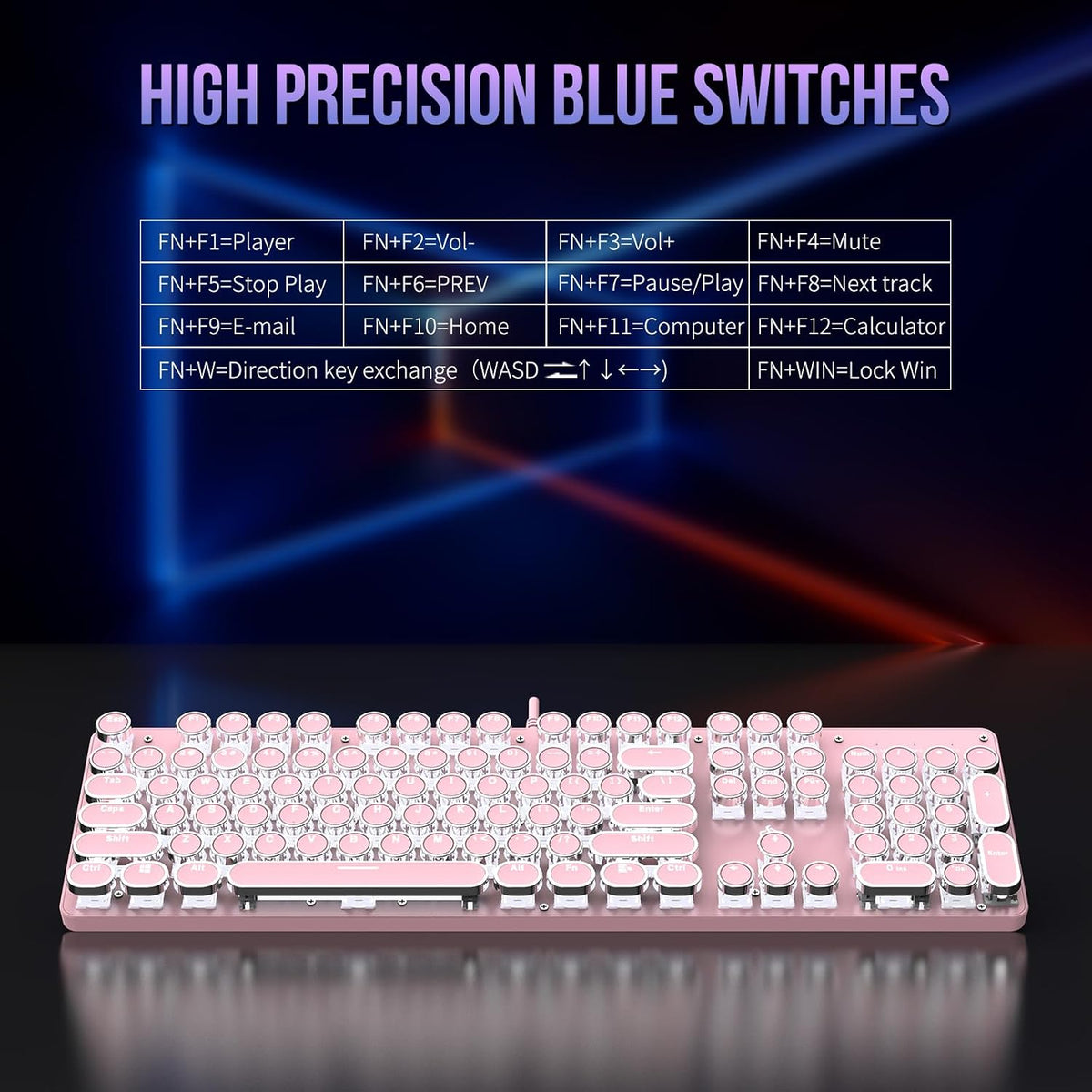 Typewriter Mechanical Gaming Keyboard with RGB Backlit Red Switches, 104 Keys...