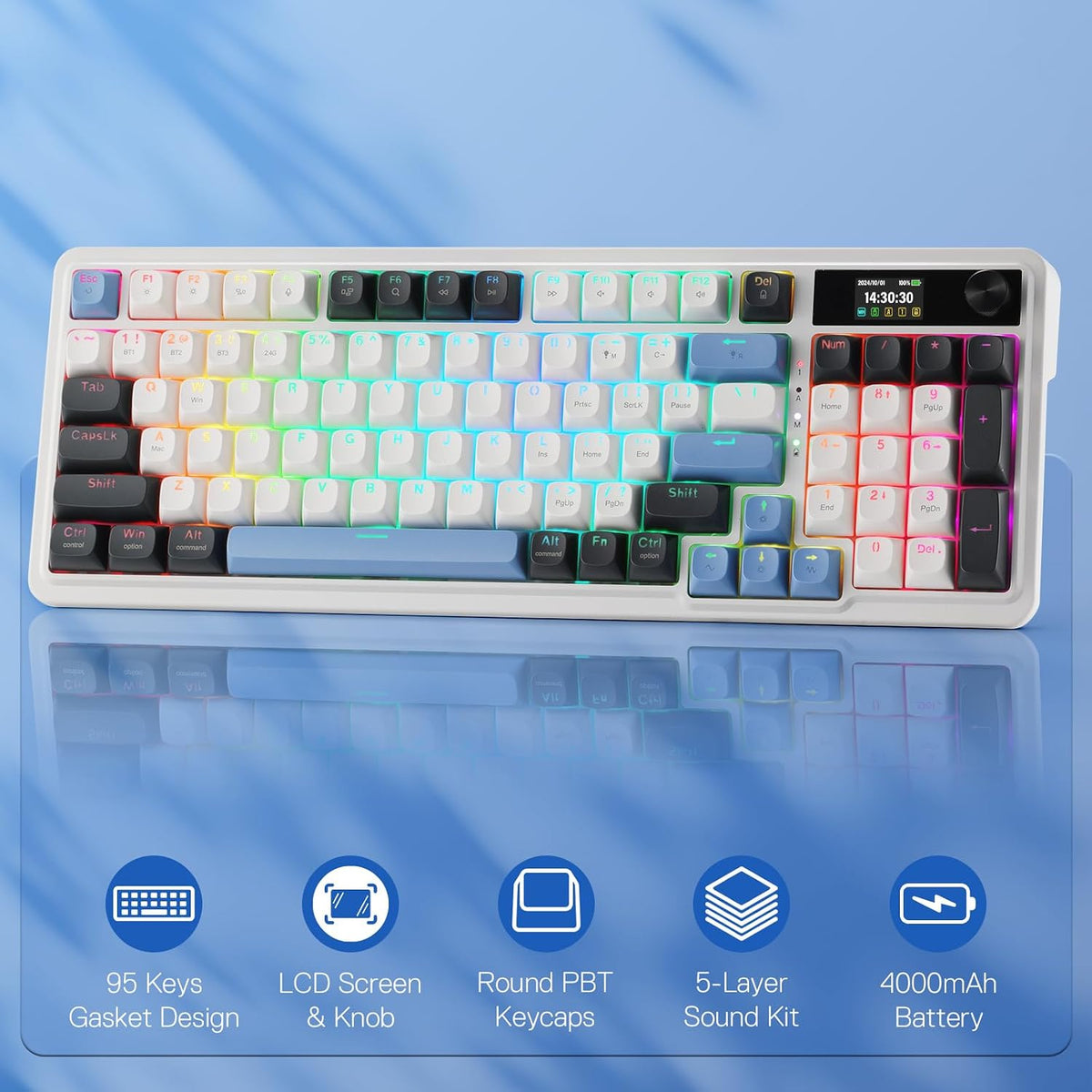Redragon K719 PRO Wireless 95-Key Gasket Gaming Keyboard, TFT Screen & Knob