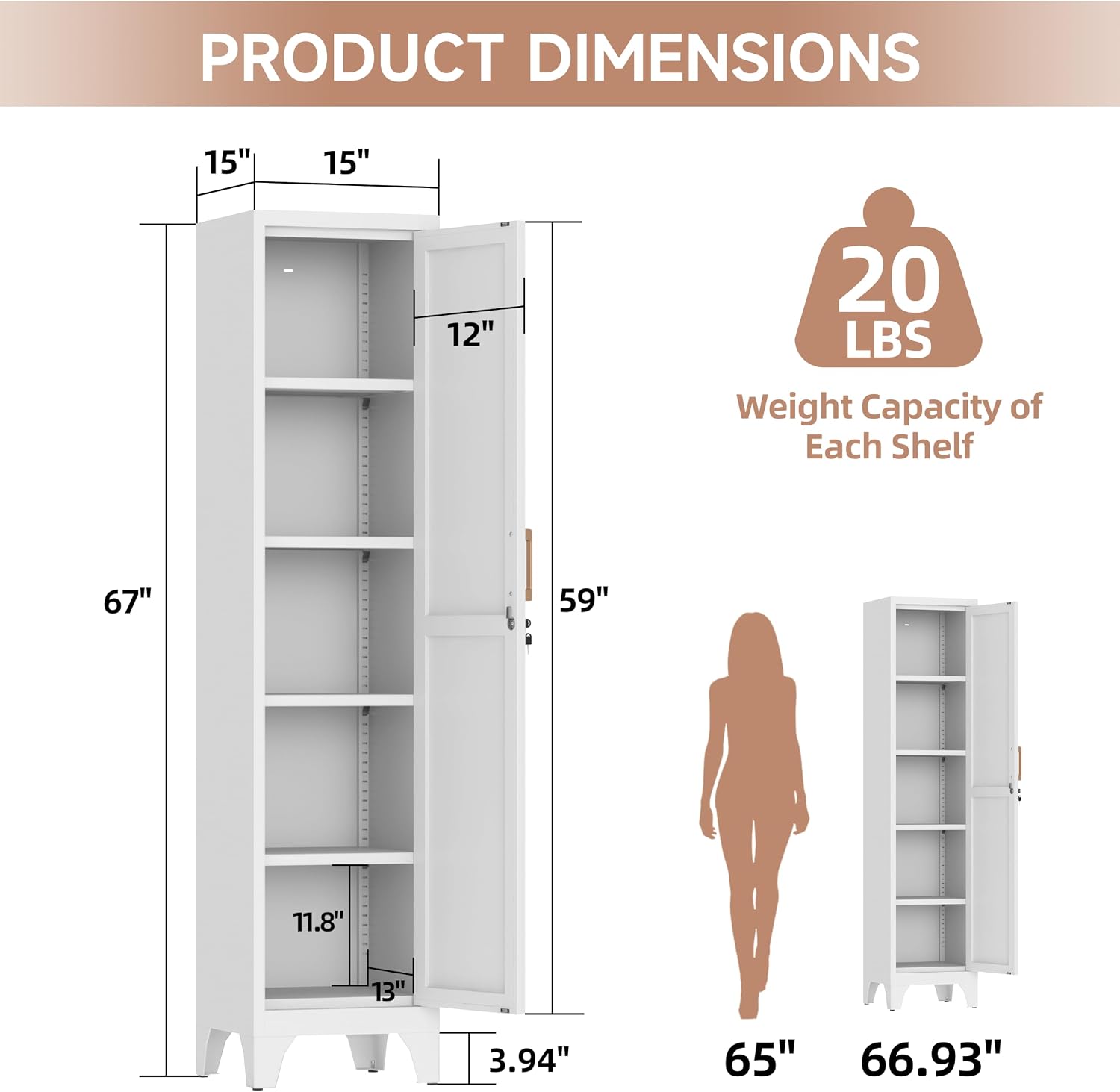 67" Tall Narrow Storage Cabinet Metal Bathroom Cabinet with Lockable and 4 Adjustable Shelve,Anti-Tip Design,Standing Pantry Cabinets Cupboard for Kitchen,Dining Room,Bathroom-Assembly Required(White)