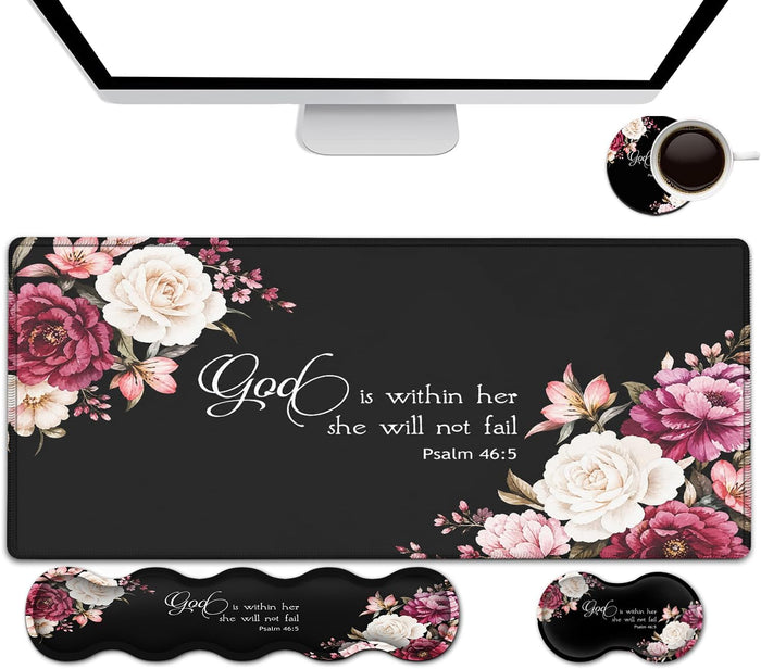 Large Mouse Pad with Wrist Support Set,Memory Foam Keyboard Wrist Rest +XXL Extended Gaming Mouse Pad +Ergonomic Mouse Wrist Pad, Peony Flower Psalm 46:5 Office Desk Pad for Women Men Gaming Mousepad