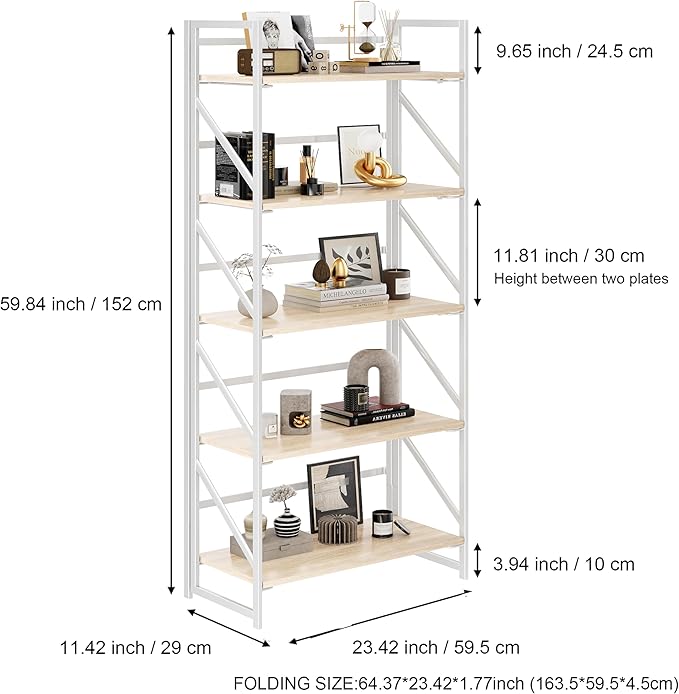 JSB No Assembly Folding Bookshelf, 5 Tier Industrial Metal Book Shelf - Image 3