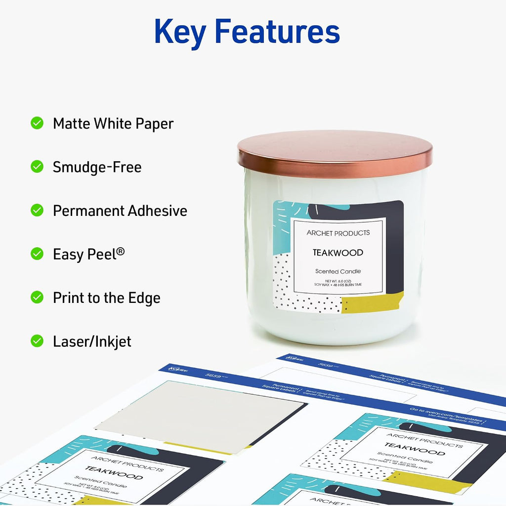 Avery® Printable Square Labels, Sure Feed® Technology, 3" x 3", Matte White, Permanent Adhesive, Laser/Inkjet Printable, 150 Blank Labels, Great for Product Merchandising, Stickers, and More (5659)