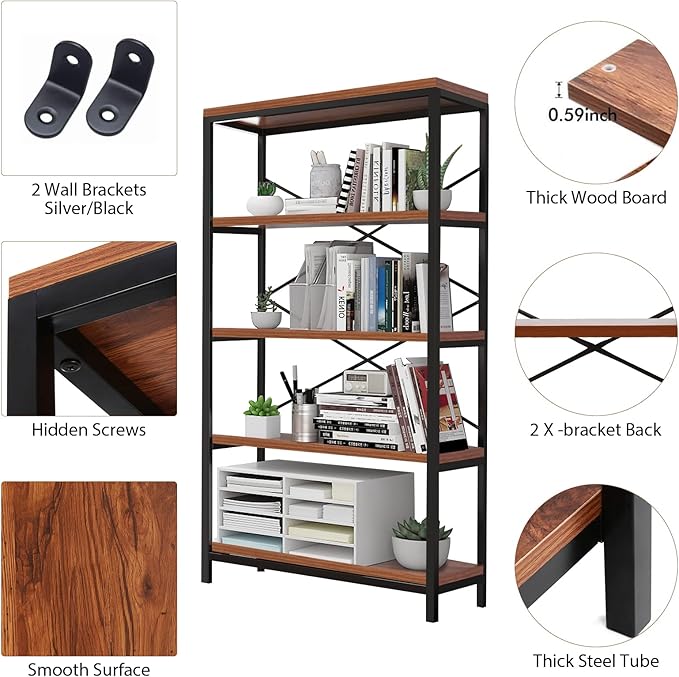 Himimi Industrial Bookshelf 5-Tier Set of 2, Bookcase 58" H Ladder Shelf - Image 4