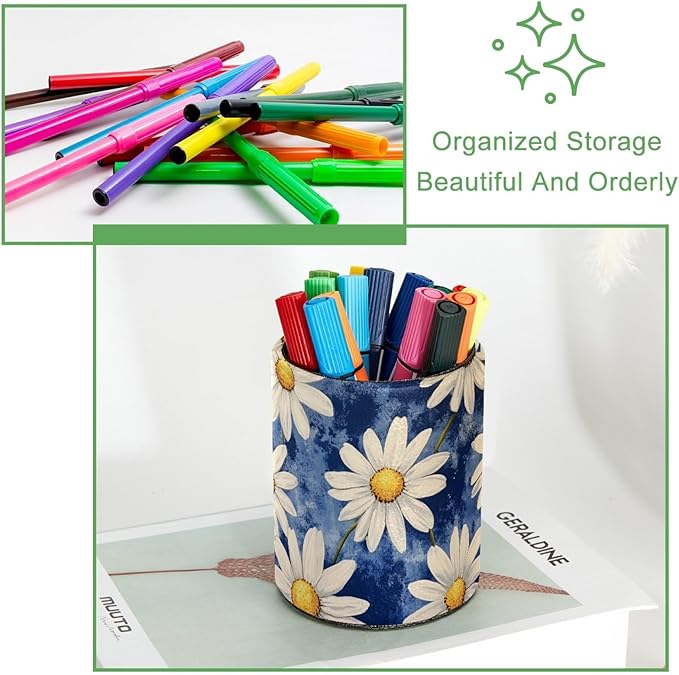 Leather Pen Holder for Desk, Colorful Aesthetic Flowers Pencil Cup Desktop - Image 3