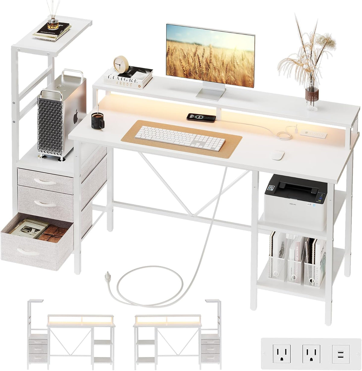 52" Reversible Gaming Desk with Drawers & Shelves, Computer Desk, White