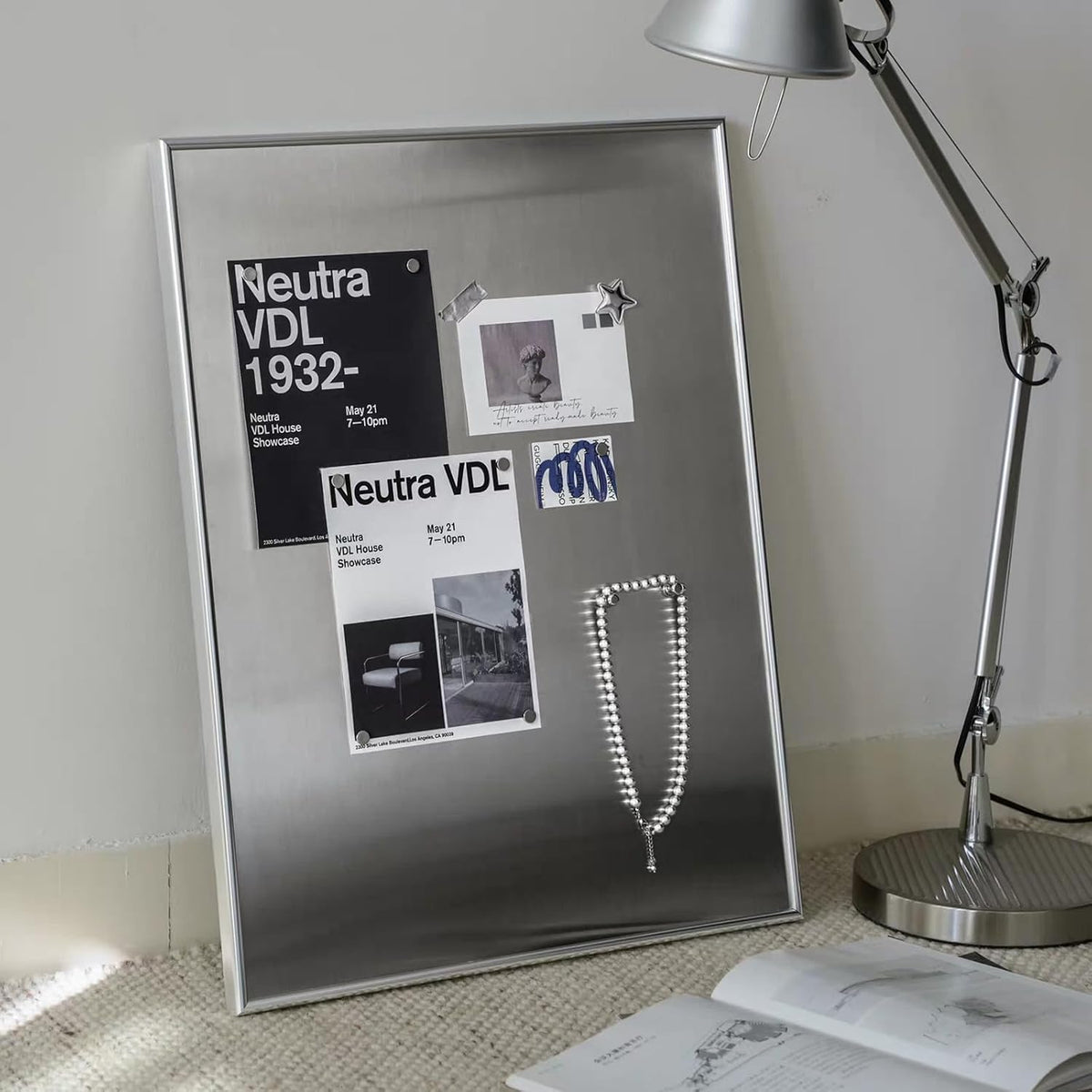 AMAATE Brushed Stainless Steel Magnetic Bulletin Board Silver Frame Display
