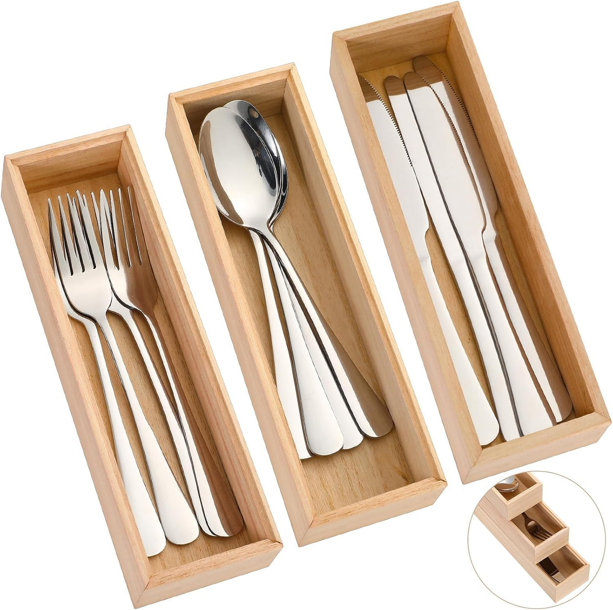 Baderke 3 Pcs Wooden Utensil Holder with Silverware Set Bamboo Storage Box