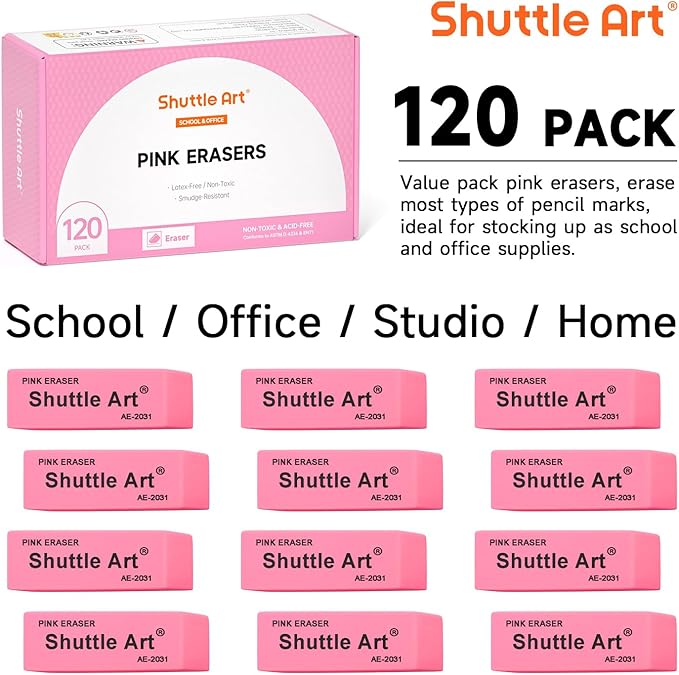 Pink Erasers, Shuttle Art 120 Pack Pink Erasers Bulk - Image 2