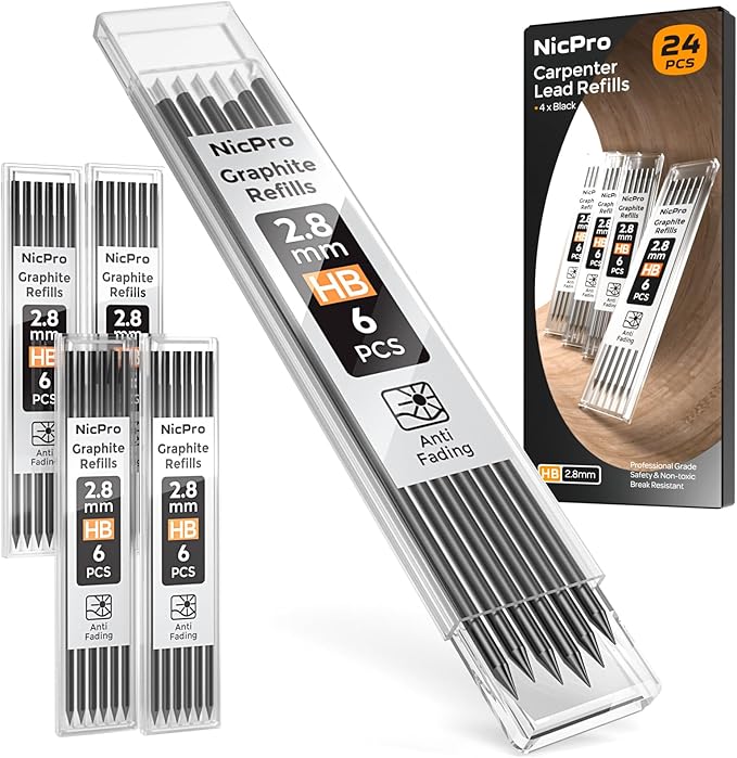 Nicpro 24 Pieces Carpenter Pencil Lead Refills 2.8mm, Break Resistant Leads by Nicpro