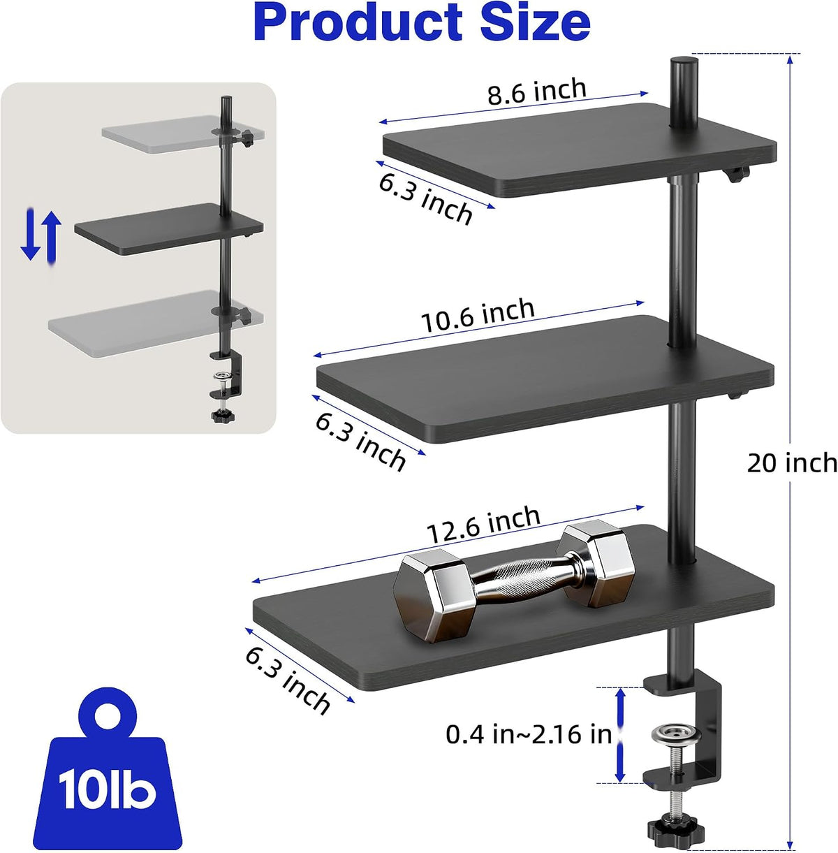 3 Tiers Clamp On Desk Shelf, 360° Angle Adjustable Desktop Shelf Organizer fo...