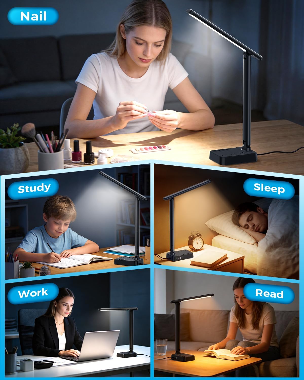 led desk lamp with power strip, 3 ac, front angle view