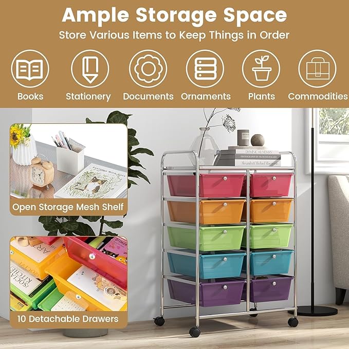 LDAILY 10 Drawer Rolling Cart, Storage Cart Organizer on Wheels, Drawer Cart - Image 5