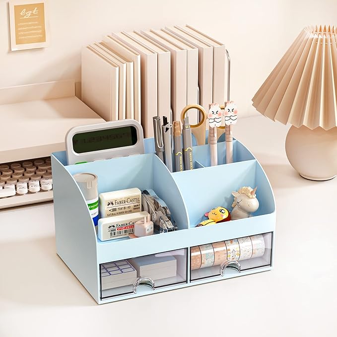 Desk Organizer with 6 Compartments and 2 Drawers, Plastic Makeup Organizer - Image 3