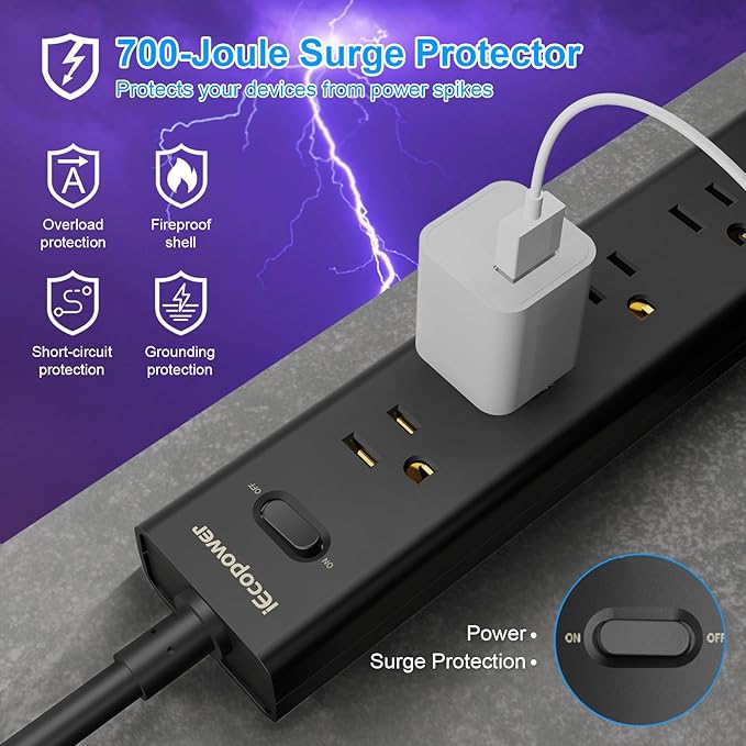 10FT Long Surge Protector Power Strip-with 5 Widely Outlets and 3 USB Ports - Image 4