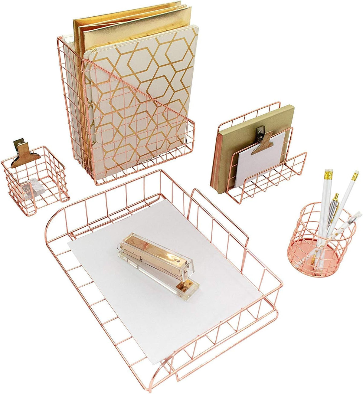 BLU MONACO | Rose Gold Desk Organizer Set 5 Piece | Mail Sorter Organizer Cou...