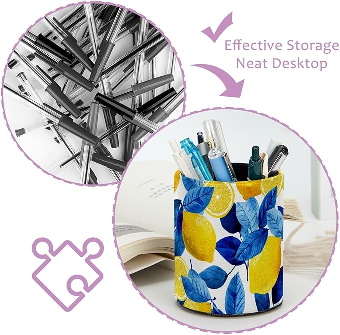 Leather Pen Holder for Desk Lemons Blue Leaves Pattern Pencil Cup Desktop - Image 4
