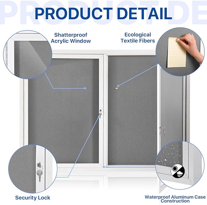 SWANCROWN Weather Resistant Enclosed Bulletin Board Gray Fabric Displays Boards - Image 3