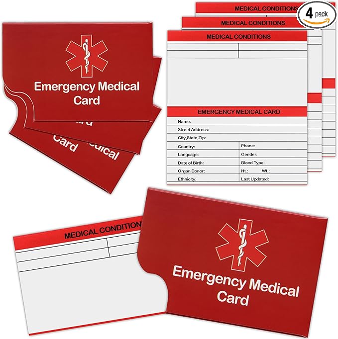 4 Pack Emergency Medical Information Id Card Red Medical Condition and by DLUGOPIS