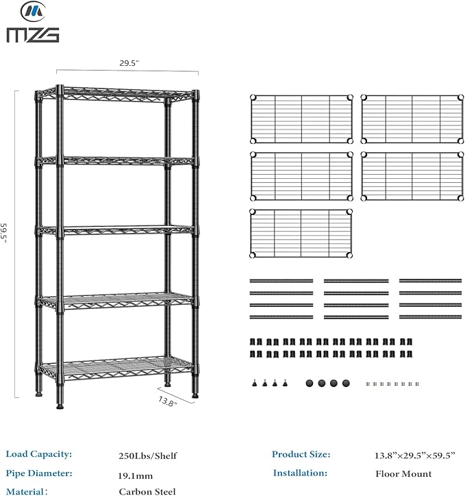M MZG 1250 lbs 5 Tier Shelf Metal Storage Shelves Shelving Wire Rack Heavy Duty - Image 3