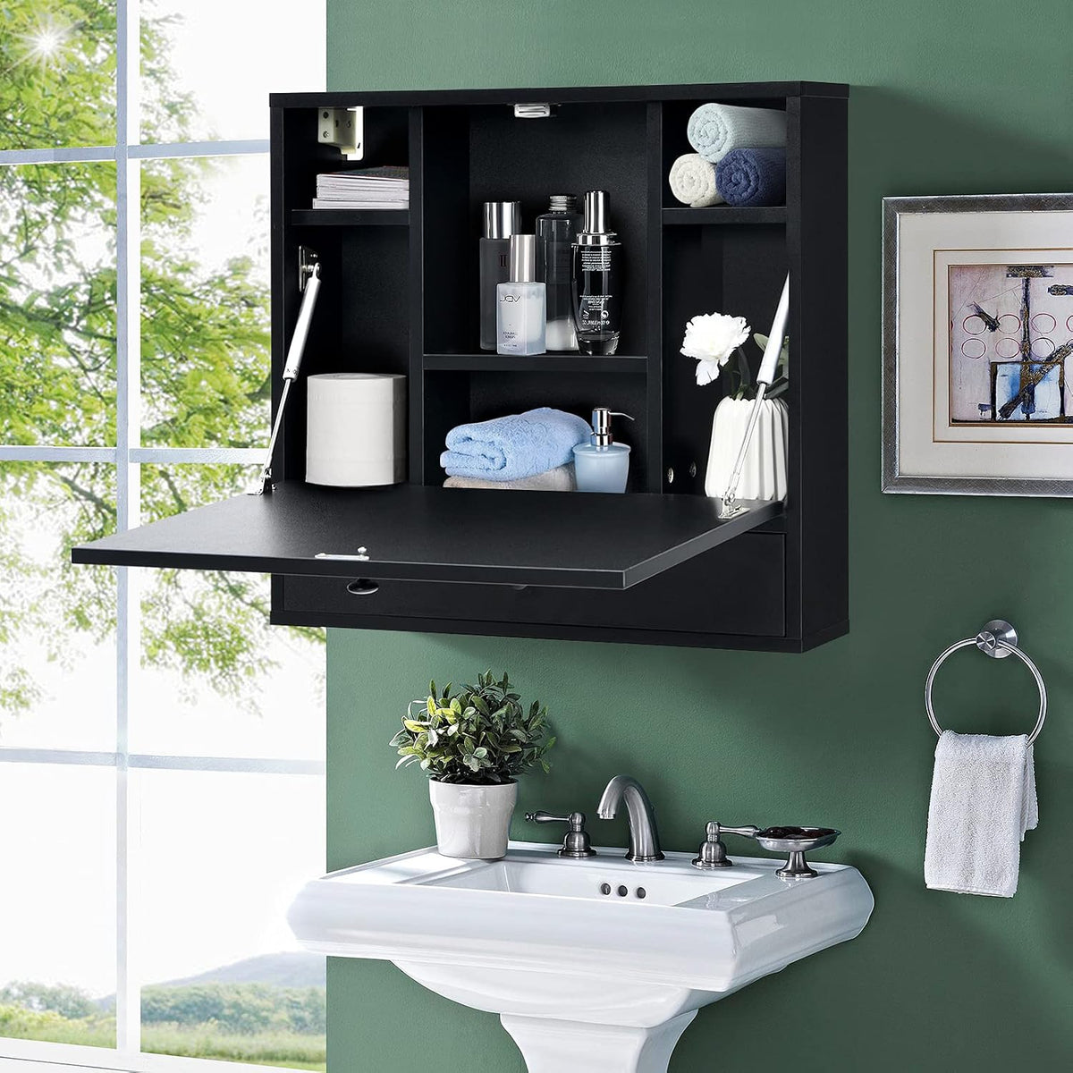 COSTWAY Wall-Mounted Computer Desk, Floating Desk with Storage Drawer & S...