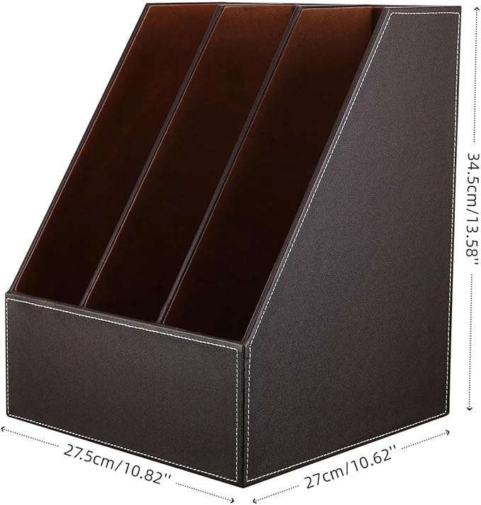 KINGFOM Desktop Wooden Leatherette Magazine File Holder-Organizer-3 Compartment - Image 3