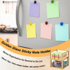 BTSKY Golden Glass 3x3 Inch Sticky Note Holder with Drawer, Elegant Post It Note Dispenser with Non-Slip Pads Clear Notepad Holder for Desk Organization Planning, Home Office Decor
