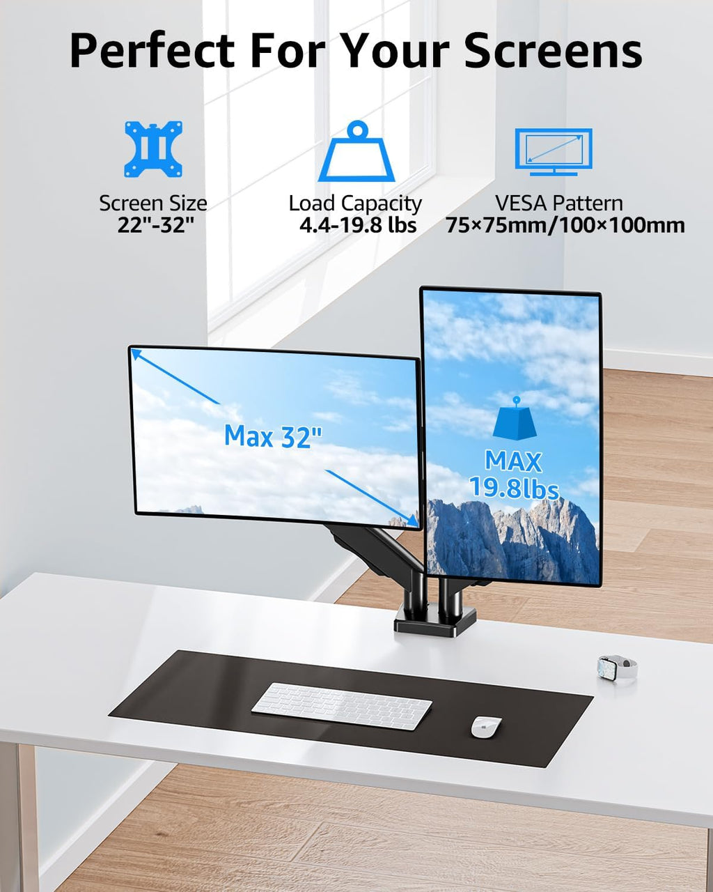 dual monitor stand fits up to 32 inch shown in use