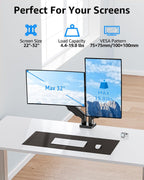 dual monitor stand fits up to 32 inch shown in use