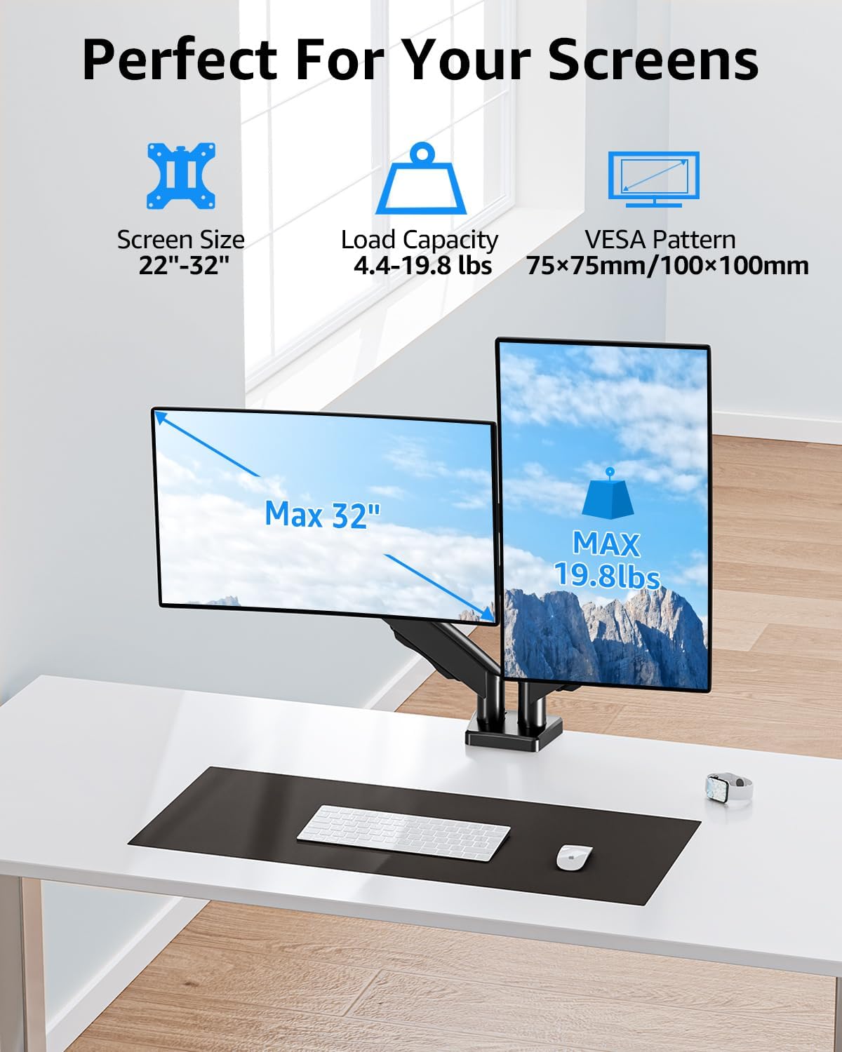 dual monitor stand fits up to 32 inch shown in use