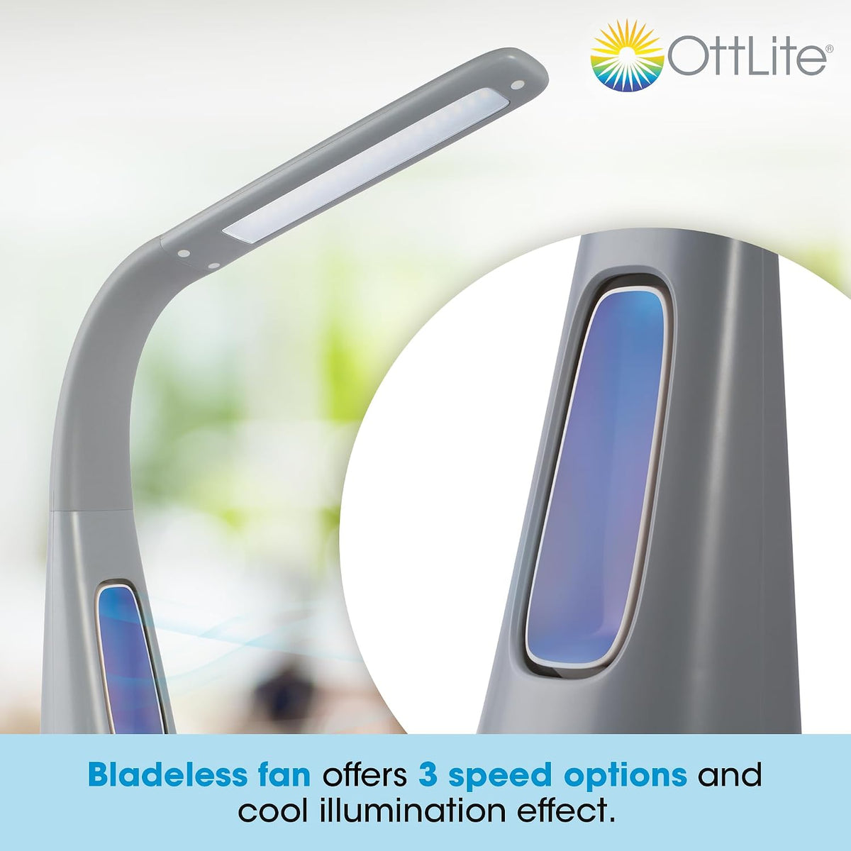 OttLite Cool Breeze LED Desk Lamp with Bladeless Fan, Gray