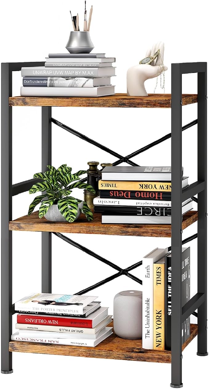 Homeiju Bookshelf, 3 Tier Industrial Bookcase, Metal Small Bookcase, Rustic by Homeiju