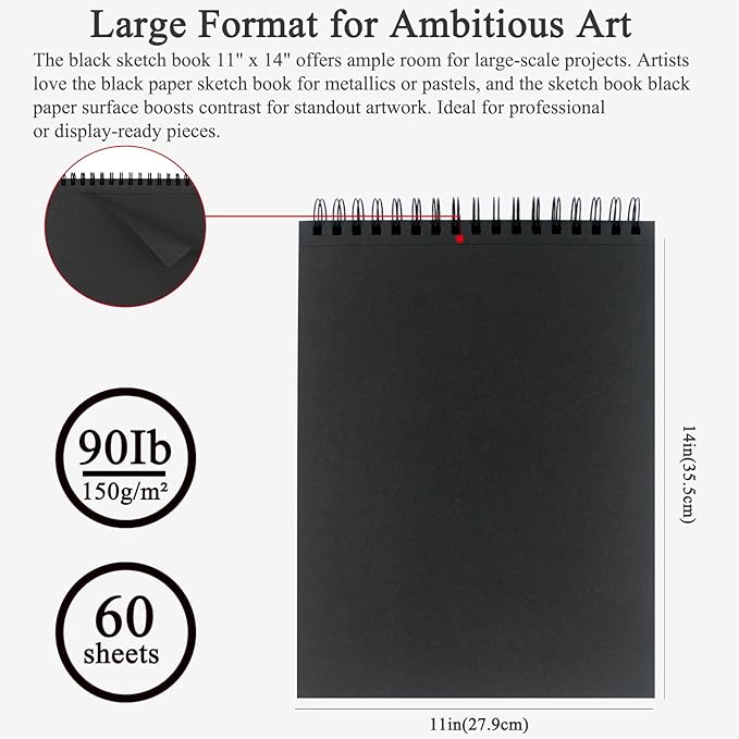 Fuxi Black Sketchbook 11x14 Inches, 60 Sheets, Hard Cover Spiral Bound | Black - Image 2