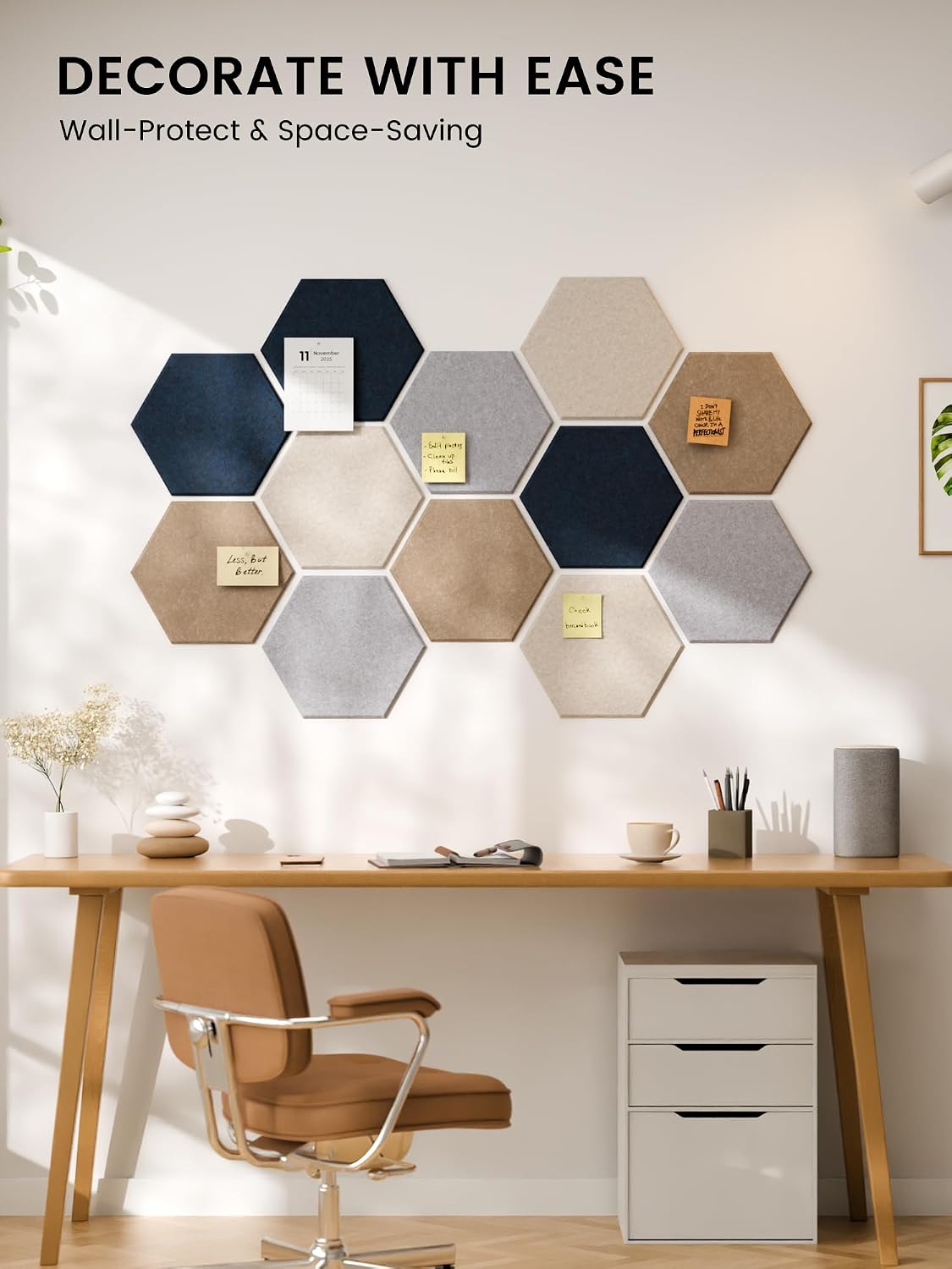 Fluxynara 12-Pack Hexagon Felt Bulletin Board Tiles, Nordic Slate-1