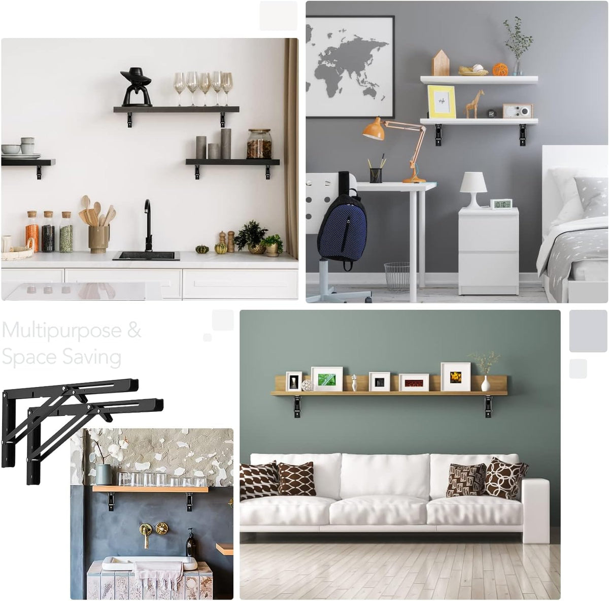 Ravinte Matte Black Folding Shelf Brackets, 16 Inch, 4 Pack