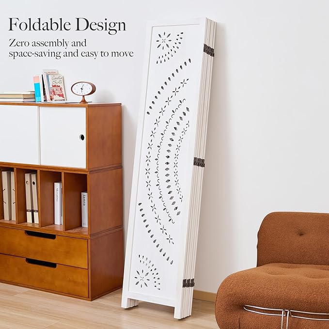 66.9Inch Folding Room Divider, 6 Panels Wood Carved Privacy Screens, Free - Image 5