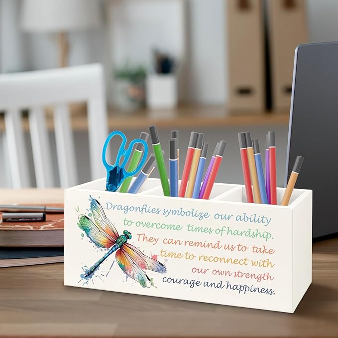 URLLUAE Inspirational Dragonfly Wooden Pen Pencil Holder - Image 3