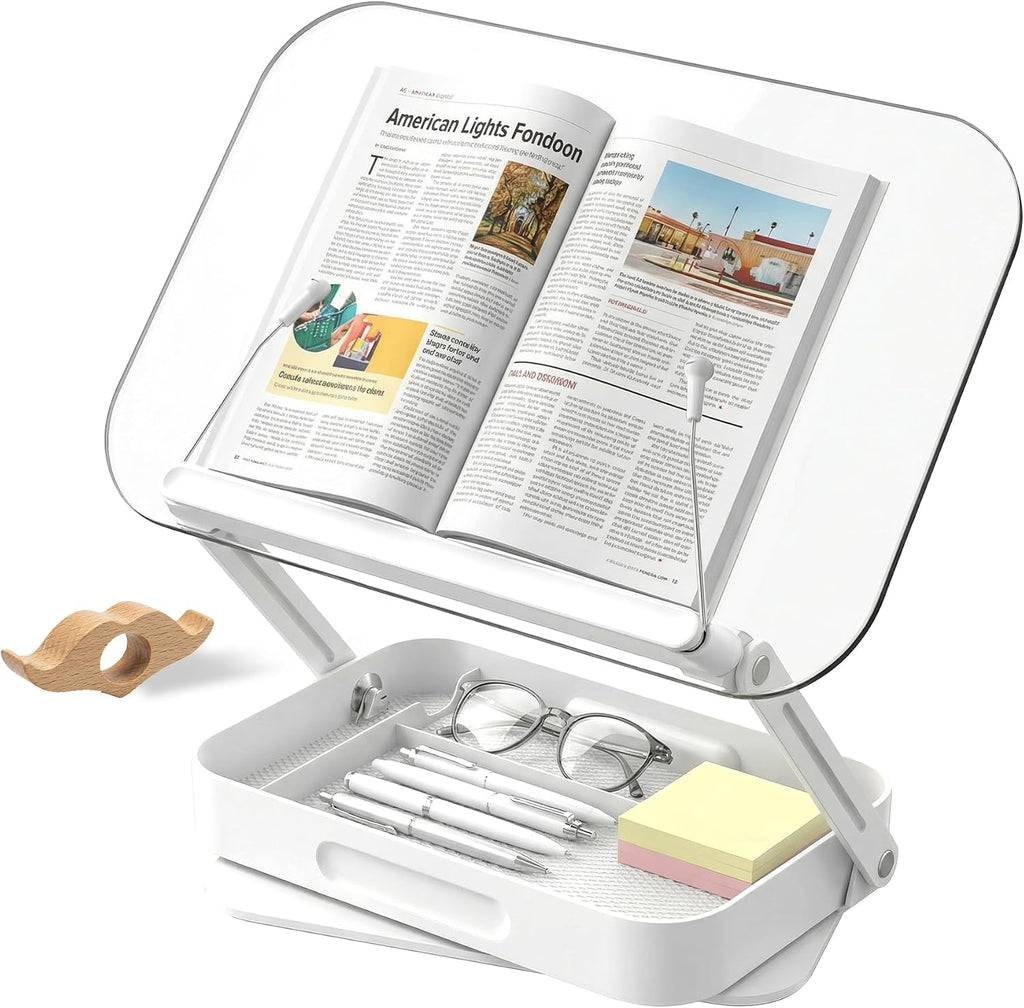 Book Stand for Reading, Acrylic Adjustable Book Holder with Book Page Holder, 360°Cookbook Stand with Storage for Kitchen Counter, Hands Free Recipe Book Holder for Textbook Cookbook, Clear