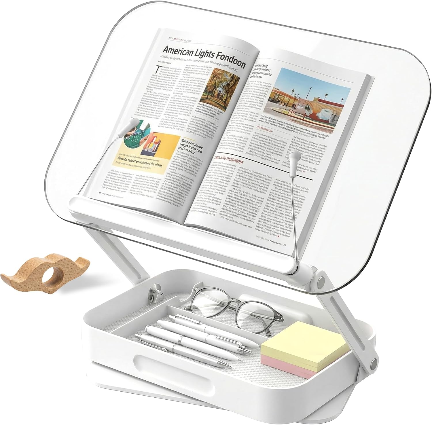 Book Stand for Reading, Acrylic Adjustable Book Holder with Book Page Holder, 360°Cookbook Stand with Storage for Kitchen Counter, Hands Free Recipe Book Holder for Textbook Cookbook, Clear