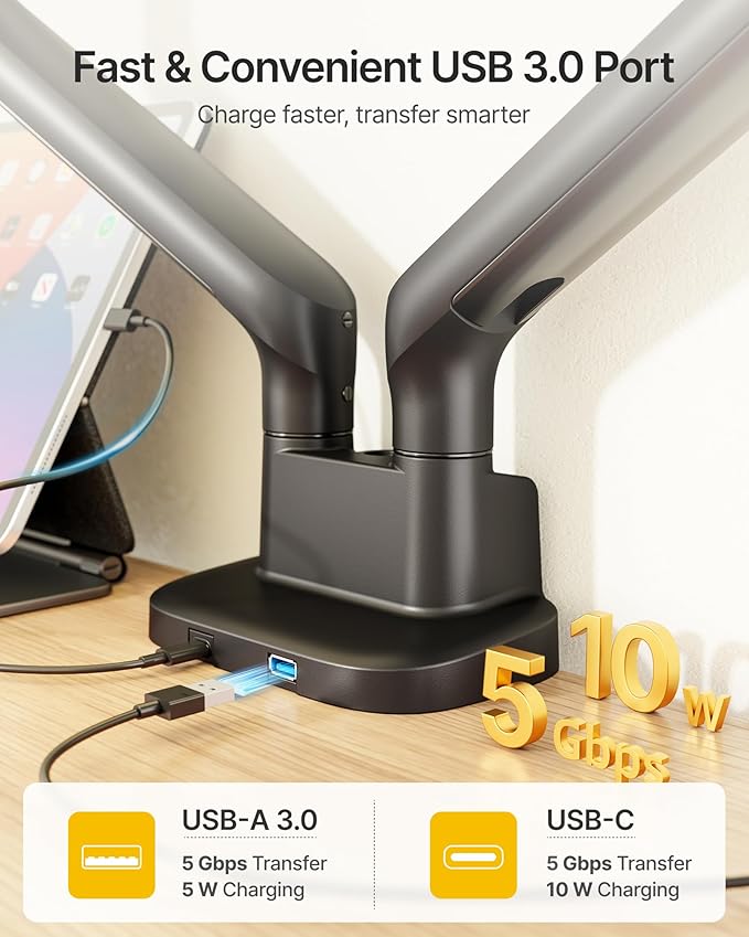 monTEK Dual Monitor Arm with USB, Mechanical Spring Monitor Arm - Image 7