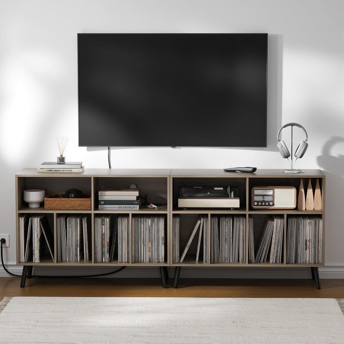 Cozy Castle Record Player Stand with Vinyl Storage Cabinet, Wood Turntable Ta...