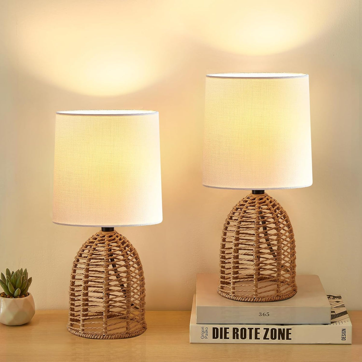 EJIAXIN Rattan Lamp Boho Lamps Set of 2-13.75" Mini Farmhouse Table Lamp...