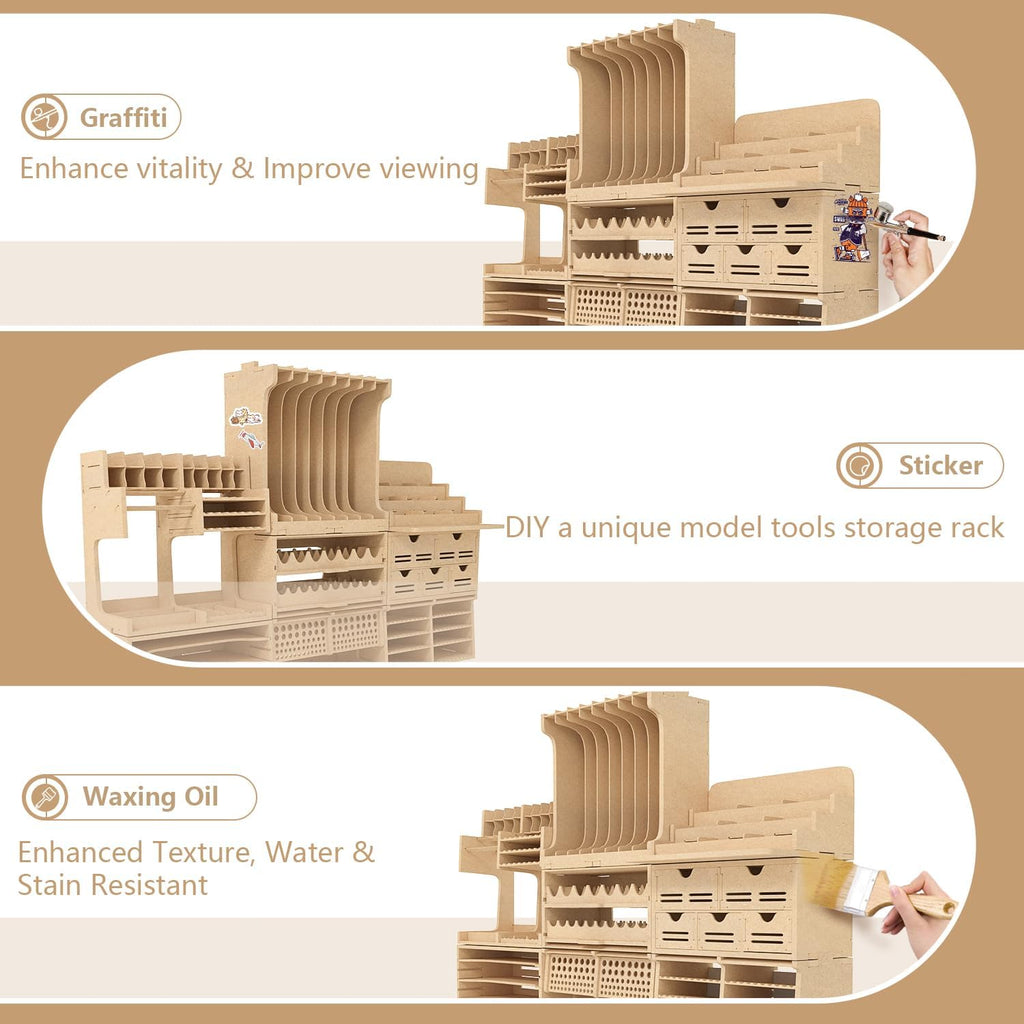 wooden model kit tool organizer storage rack, paint, package contents