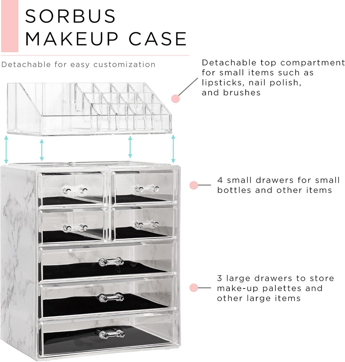 Sorbus Makeup Organizer, 7-Drawer Acrylic 2-Piece Set (Marble Print)