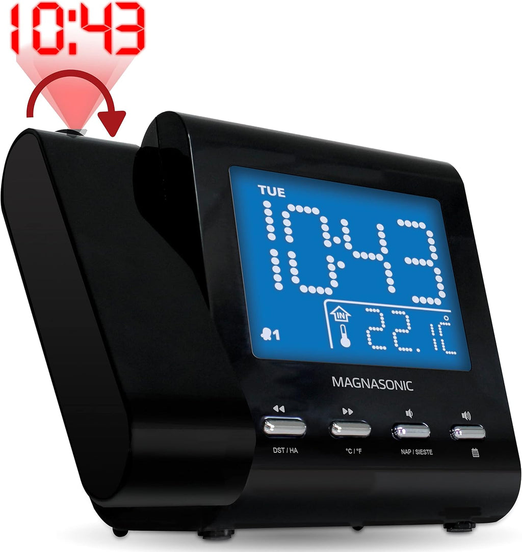 magnasonic projection alarm clock with am/fm radio, battery shown in use
