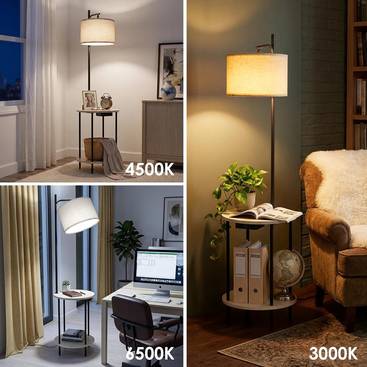 ONEWISH Floor Lamp with Table, USB/Type-C/AC Charging Ports, 9W LED Bulb, Rou...