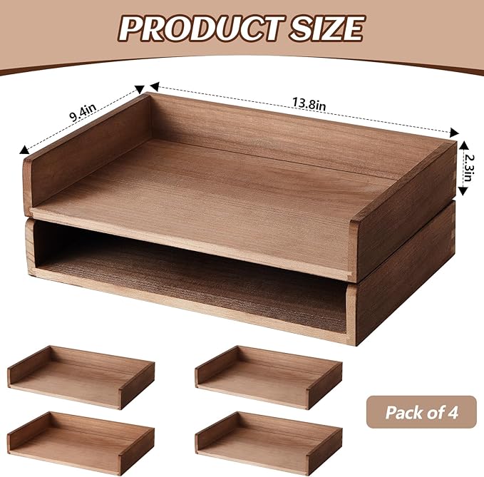 Yeaqee 4 Pcs Stackable Paper Organizer Tray Wood Desk Organizer Letter Tray - Image 3