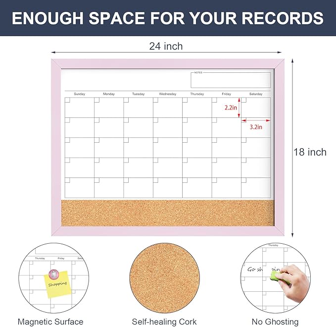 Dry Erase Calendar Cork Board Combo, 18x24 Inches Calendar Whiteboard - Image 4