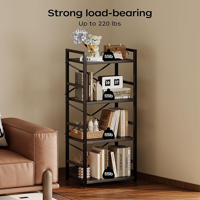 Homeiju Black Bookshelf, 4 Tier Small Bookcase, Book Shelf Organization and - Image 5
