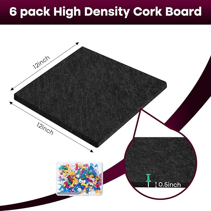Bouiexye Felt Cork Board Tiles 6 Pack Black Bulletin Boards 12"x12" - Image 2